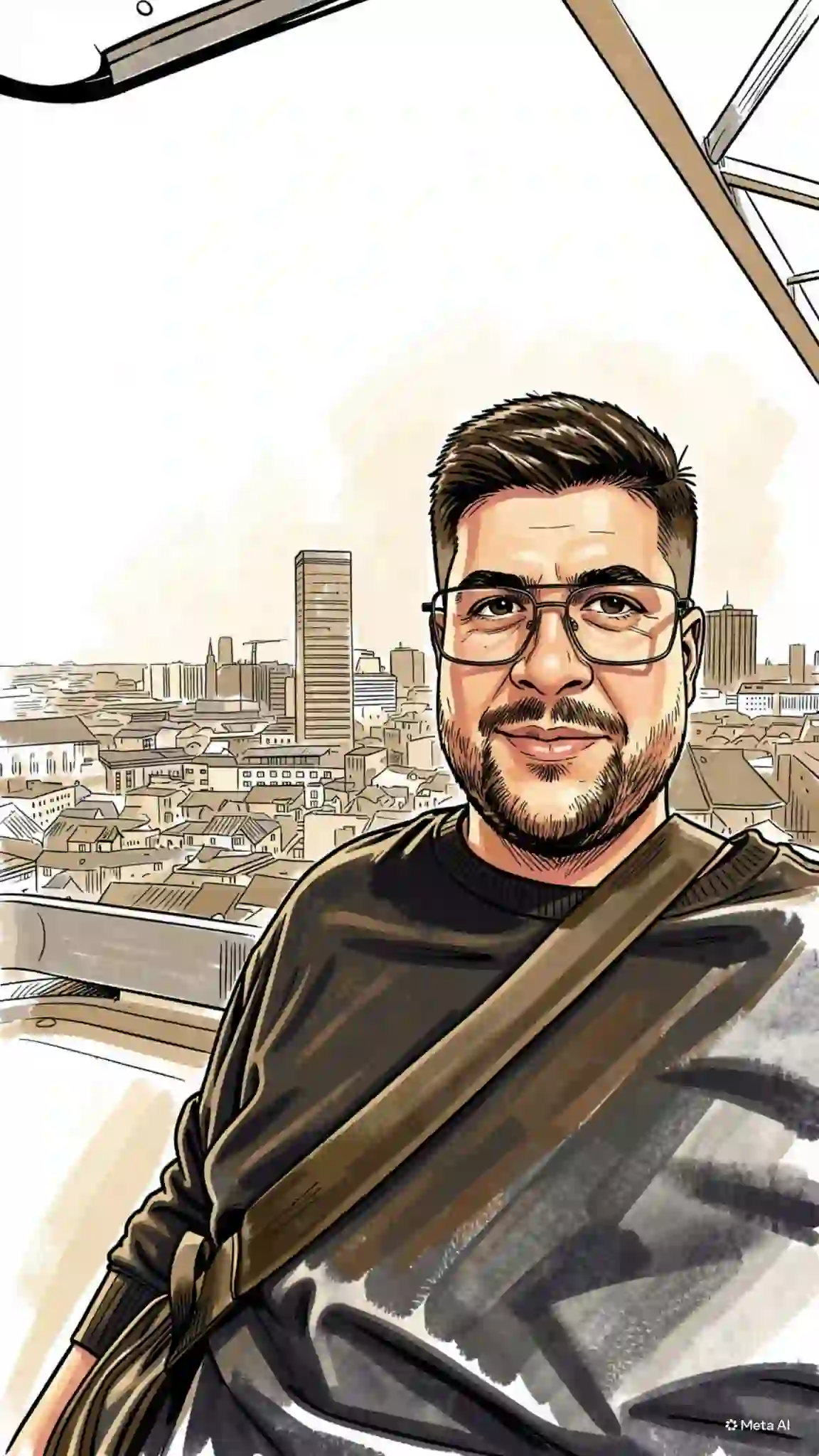 Illustriertes Porträt von Alper Kürtül vor einer Stadtkulisse